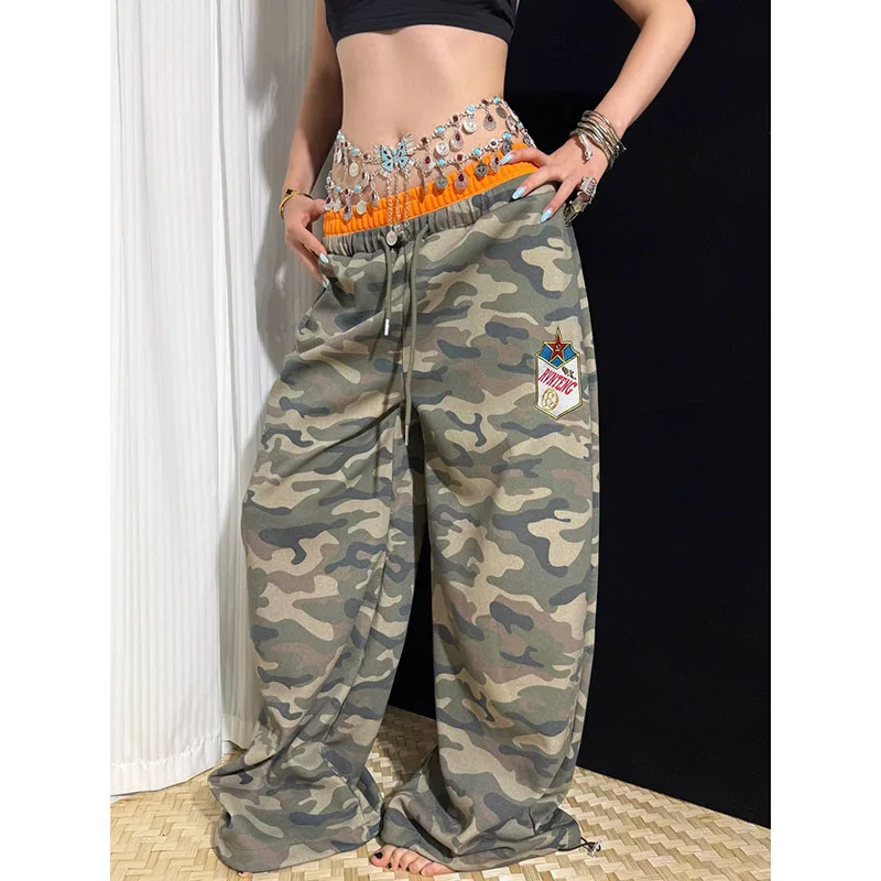 Women Embroidered Camo Sweatpants Lady Vintage Contrast‑Color Waistband Hip‑Hop Streetwear Wide‑Leg Sports Trousers