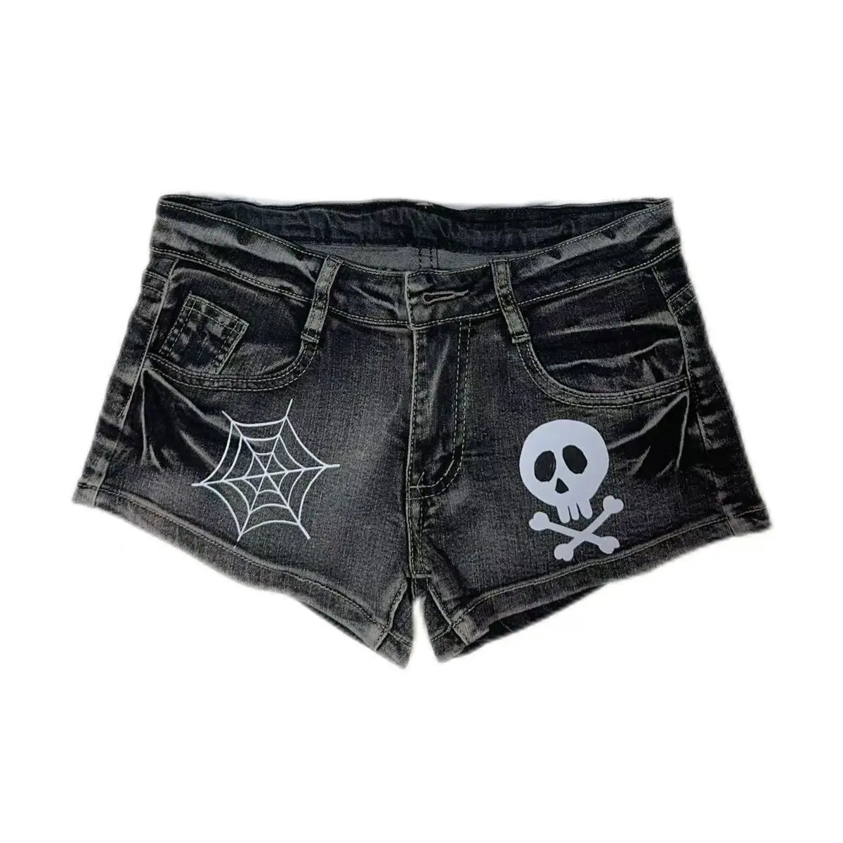 

Street Punk Spider Web Printed Diamond Skull Star Denim Shorts Sexy Low-waisted Hot Short Panrts Summer New Jeans for Women
