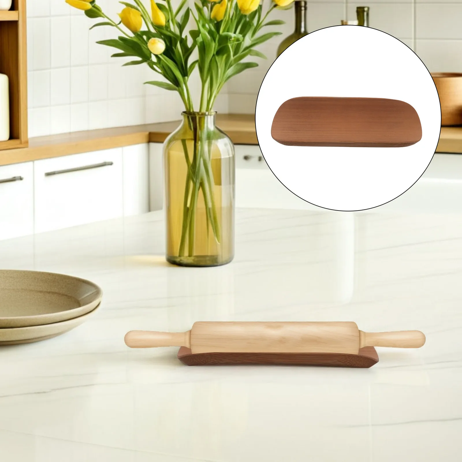 Rolling Pin Holder Solid Wood Bamboo Grooved Base Counter Top Rolling Pin Rack for Baking Pastry Dough Pizza Roller Storage