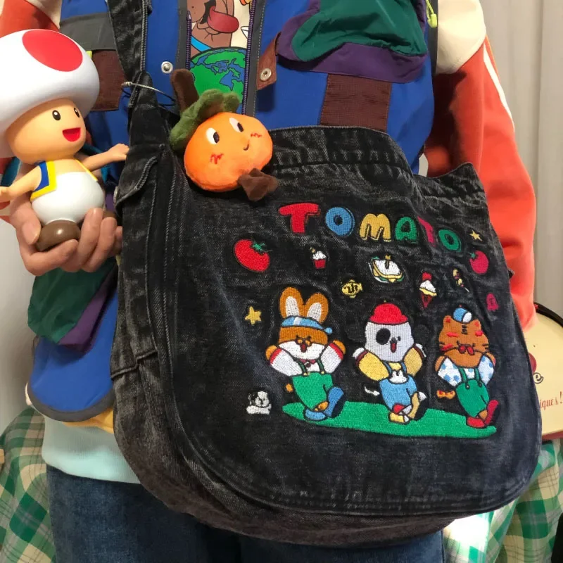 MBTI Vintage Cartoon Denim Tote Bags for Women Luxury Designer Kawaii Embroidery Shoulder Bag Large Capacity Messenger Bag New