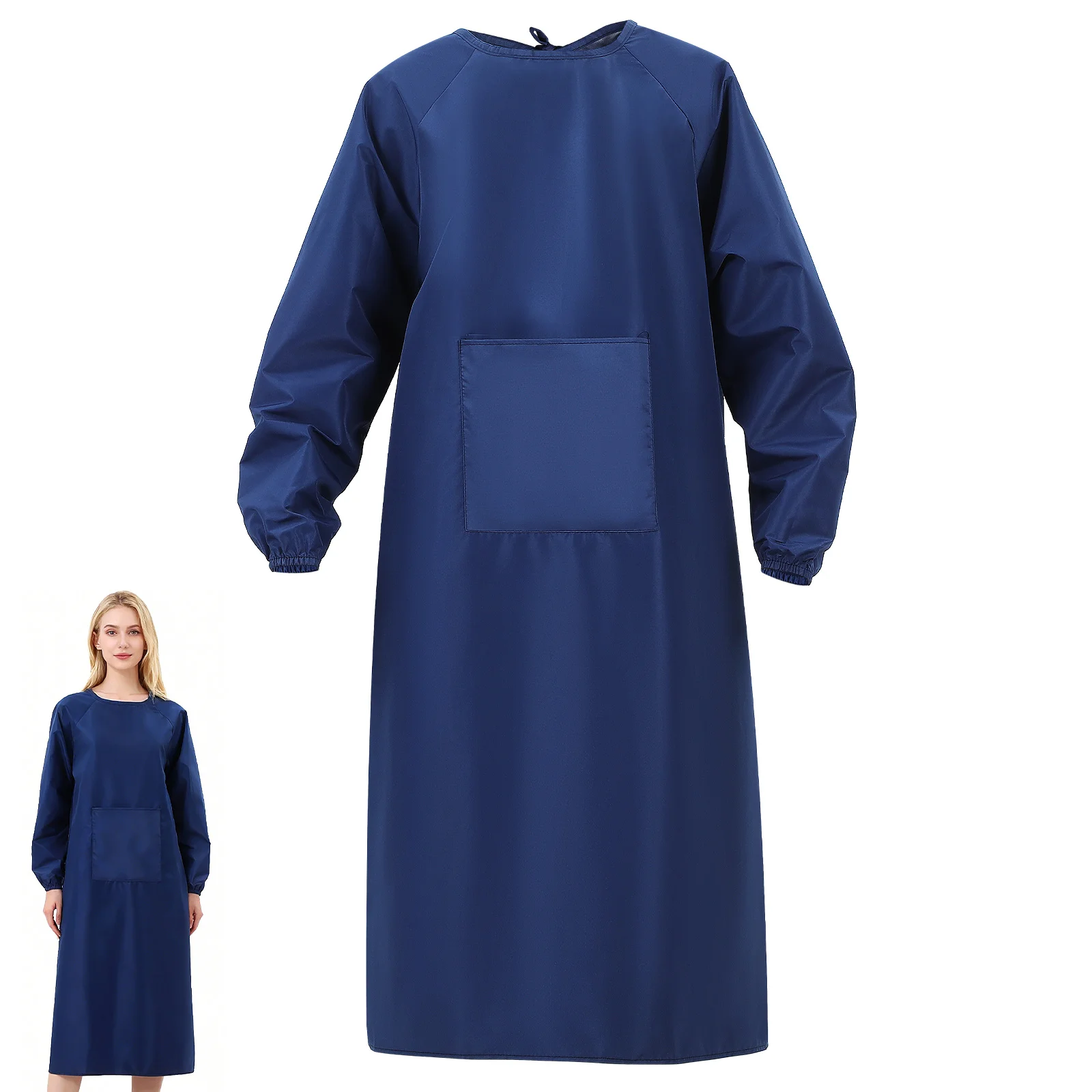 مريلة مقاومة للماء بأكمام طويلة باللون الأزرق الداكن، تصميم خلفي مقاوم للزيت، المطبخ، الطبخ، تنظيف البستنة، حماية شديدة التحمل #1