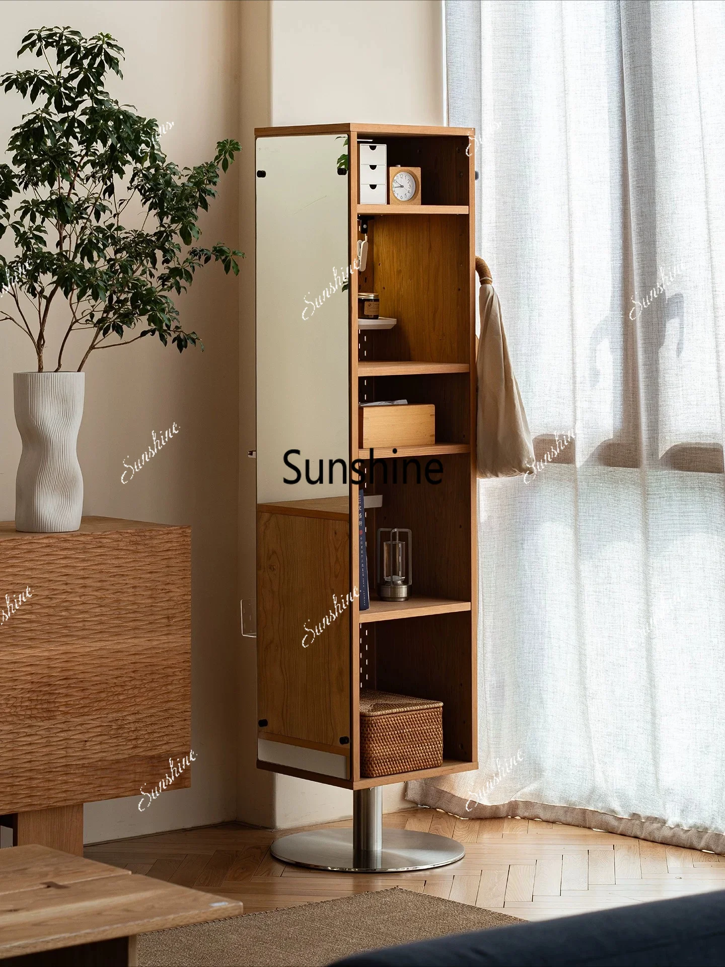 Rotating bookshelf Solid wood dressing full-body mirror Living room Floor storage locker