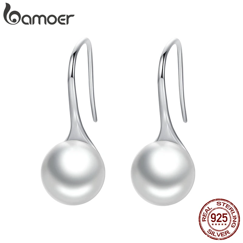 BAMOER 925 Sterling Silver Elegant Round Pure Love Pearl Drop Earrings for Women Jewelry Brincos White ,Black Purple Pink SCE037