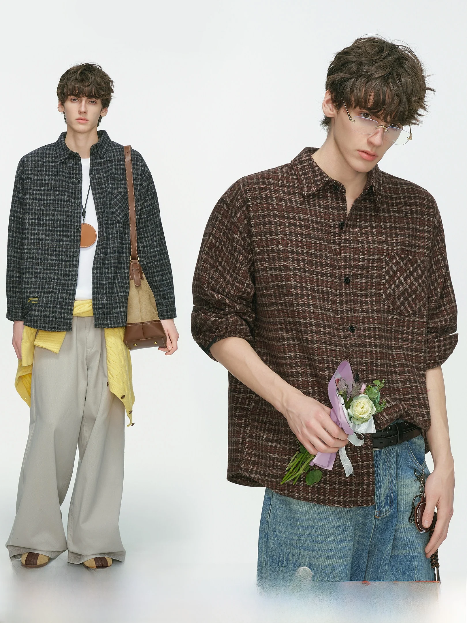 Retro American Brown Plaid Woolen Shirt Men's Long Sleeve Inner Wear Casual Loose Fit Autumn Season Fashionable Youth Shirt
