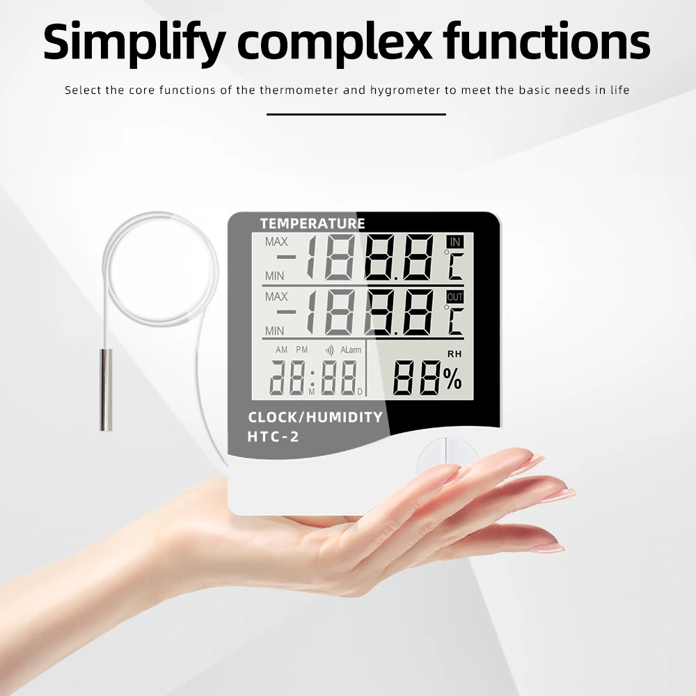 LCD الرقمية درجة الحرارة والرطوبة متر HTC-2/HTC-1 المنزل داخلي في الهواء الطلق الرطوبة ميزان الحرارة محطة الطقس مع الساعة