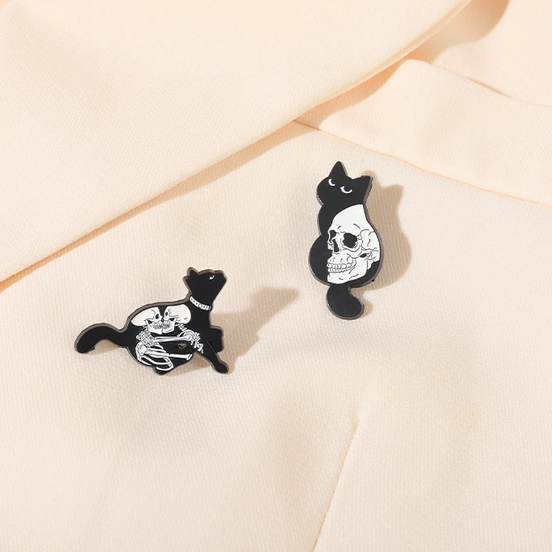 Gothic Cat Enamel Pin Skull Skeleton Witch Cats Badge Brooch Lapel Pins Denim Jeans Shirt Bag Punk Jewelry Gift for Friends view 6