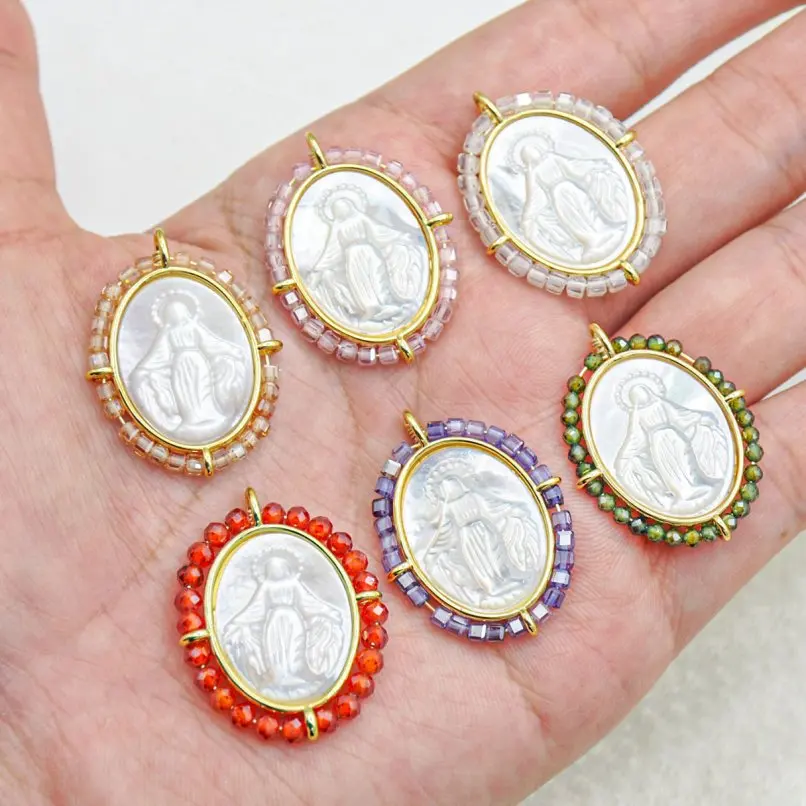 

1Pcs Copper White Shell Pendant Gold Color Religious Catholic Virgin Mary Oval Figure Approx 22.9x29.7mm Jewelry Special Gift
