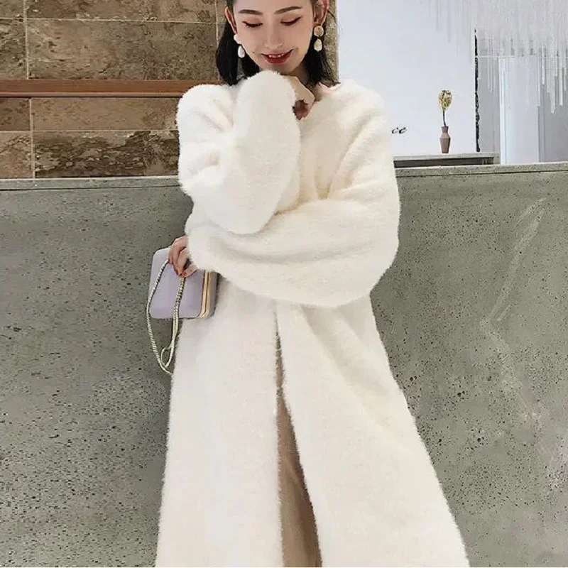 white Long Cardigan for women 2024 winter clothes Knitted fluffy long sleeve Cashmere sweater coat clotkorean style warm vintage