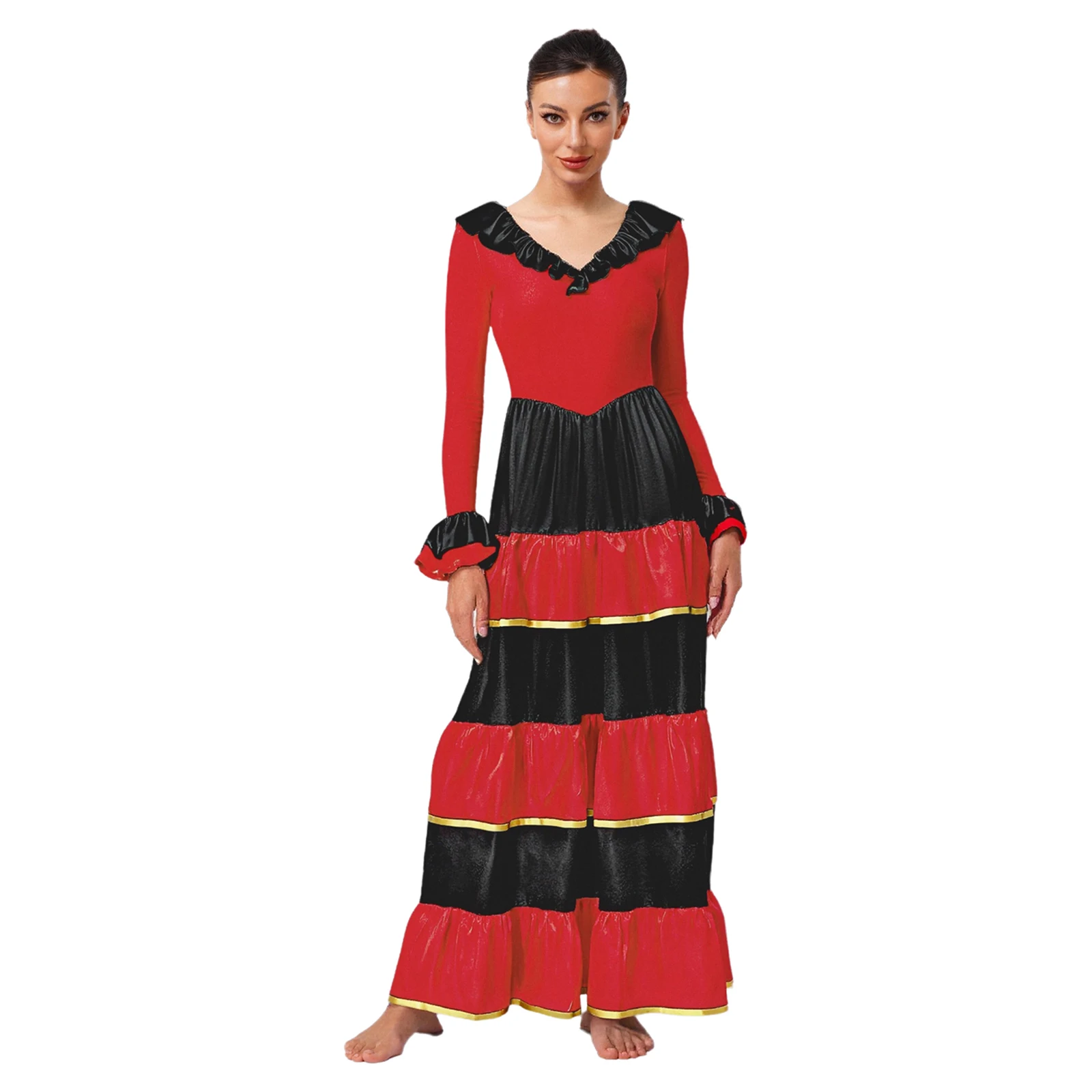 Robe de danse espagnole Flamenco pour femmes, à volants, couleur contrastée, grande balançoire, manches longues, col en V, pour salle de bal, fête de danse