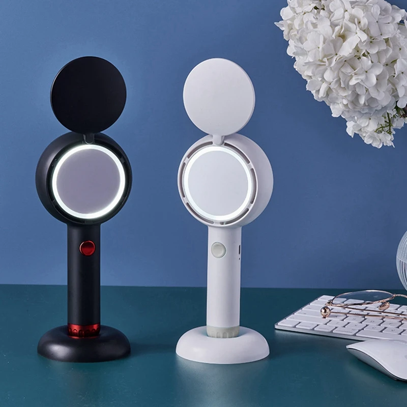 مروحة ستار كومباس المحمولة تعمل بالبطارية وقابلة لإعادة الشحن مع مرآة مكياج بإضاءة LED ومروحة خالية من الشفرة و3 سرعات