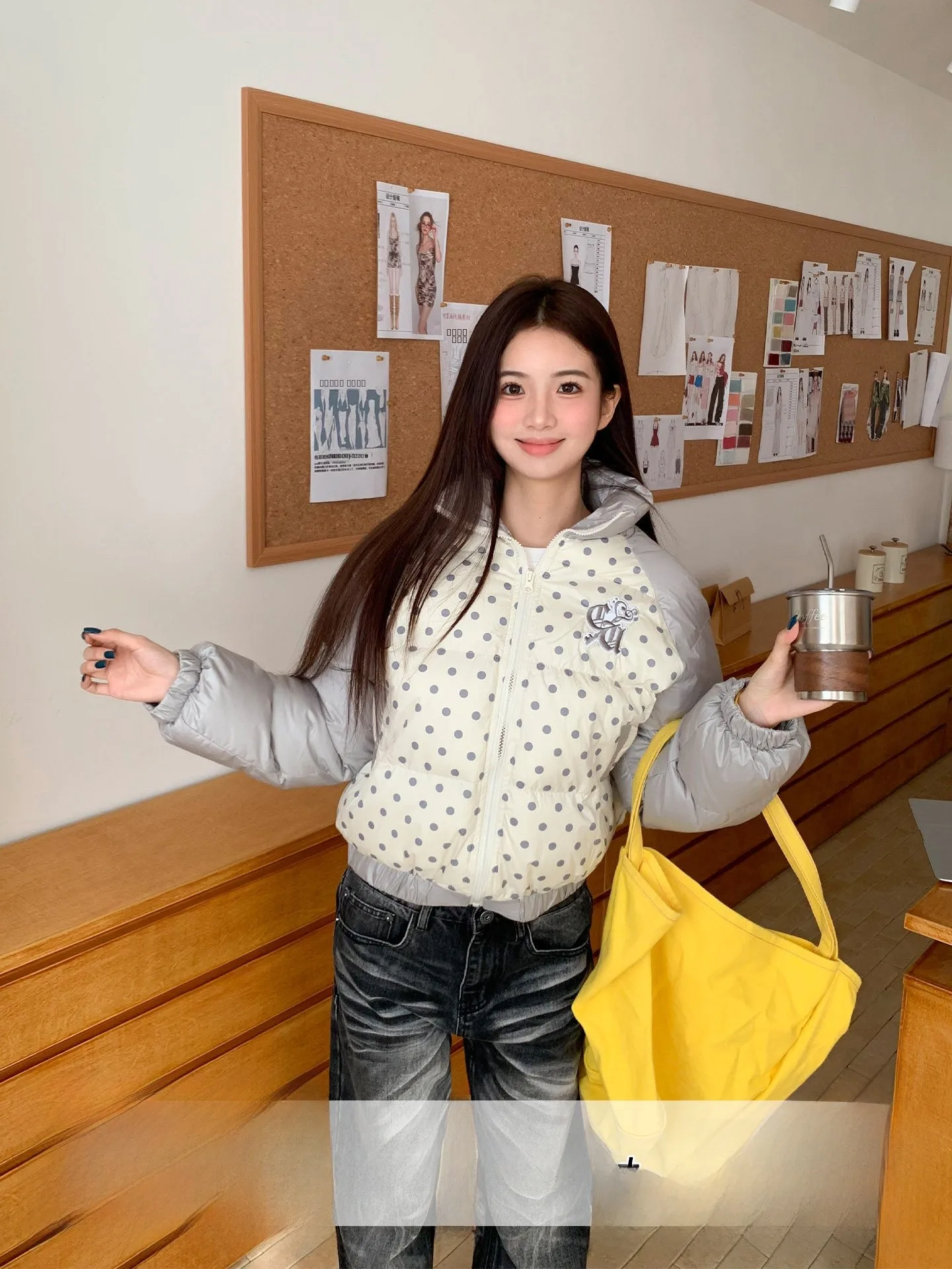 

Retro Splicing Polka Dot Cotton Jaet Women's Autumn Winter Casual Versatile Warm Bread Sle Stand Collar Zipper Closure Lo...