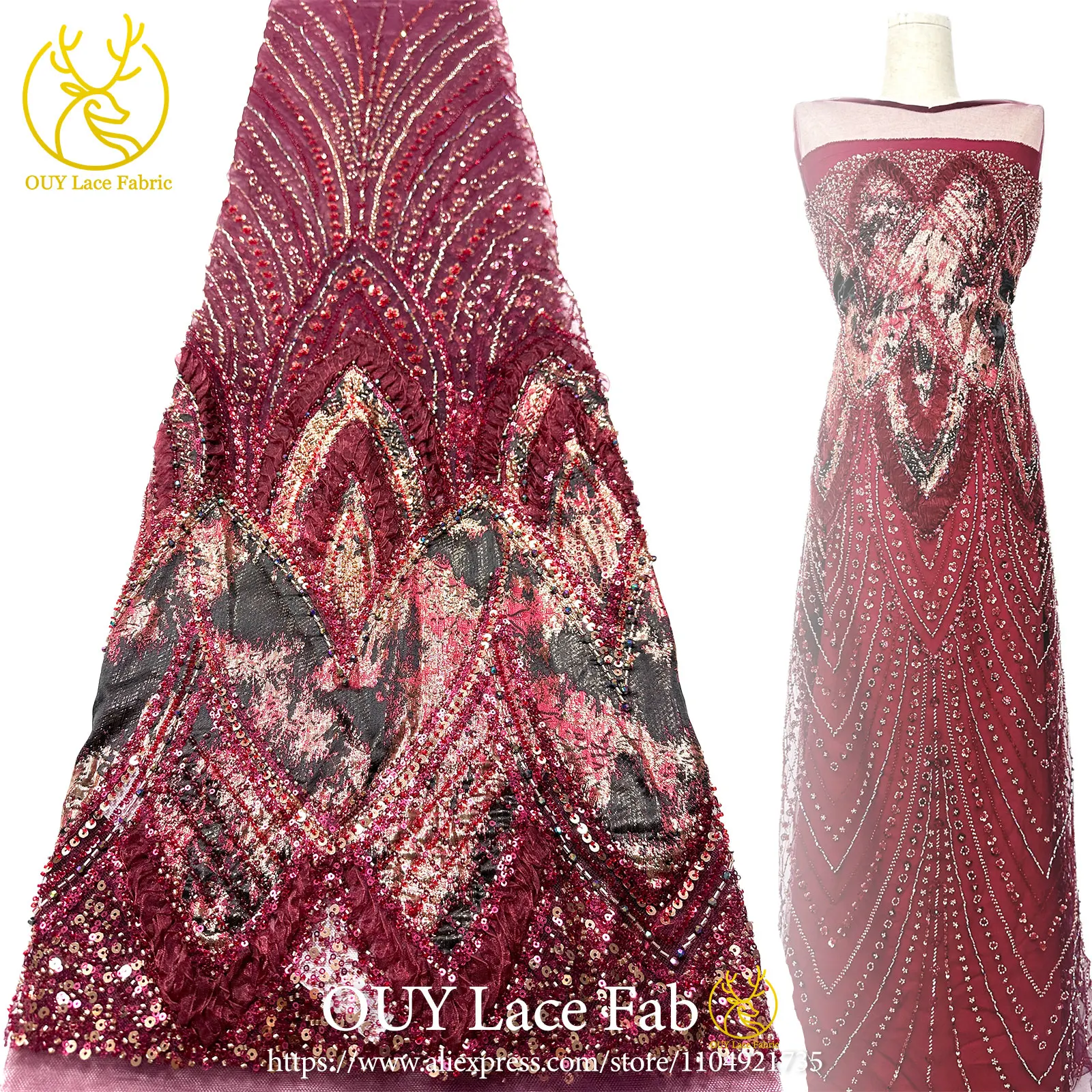 

Latest African Handcrafted Beaded Chiffon Lace Fabric 2026 Elegant Nigerian Sequined Lace Fabric for Women's Evening Gowns