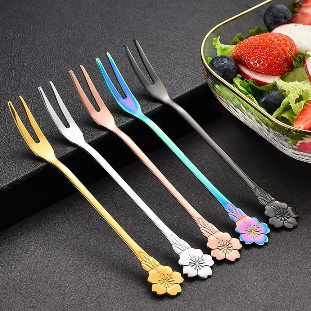 

10pcs Steel Cherry Stainless Steel Forks Blossom Fruit Forks Kitchen Gadgets Reusable Dessert Appetizer
