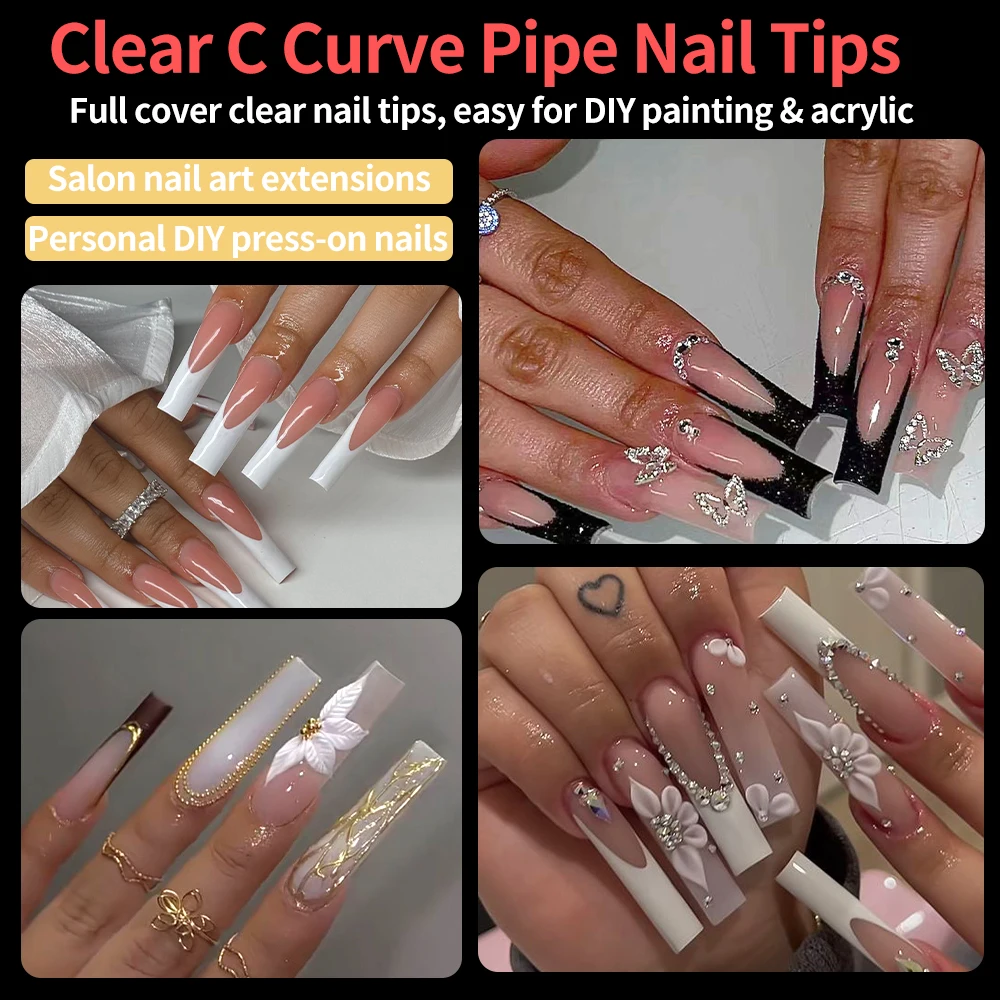 

240Pcs Multi-Sized Extra Long C-Curve Half Cover Nail Tip Transparent Glossy Acrylic Nail Art Extension DIY For Painting NailTip