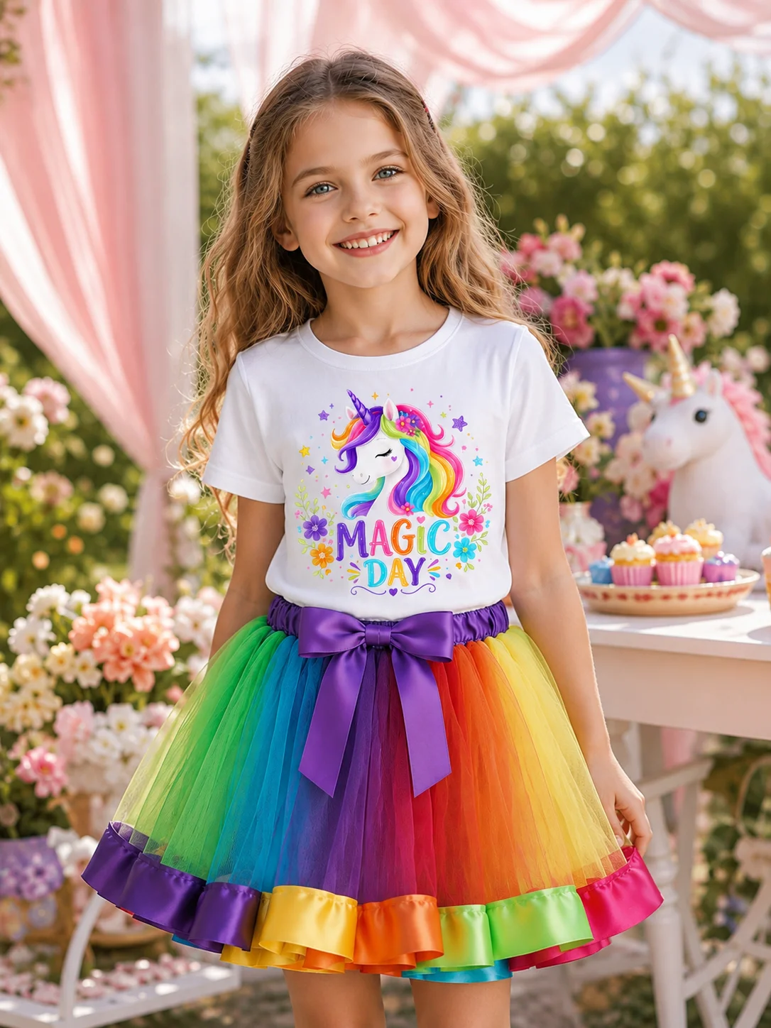Girls Unicorn Magic Day Print T-shirt Rainbow Tutu Skirt 2Pcs Outfit Kids Princess Bow Tulle Skirt Set Summer Birthday Party Cos