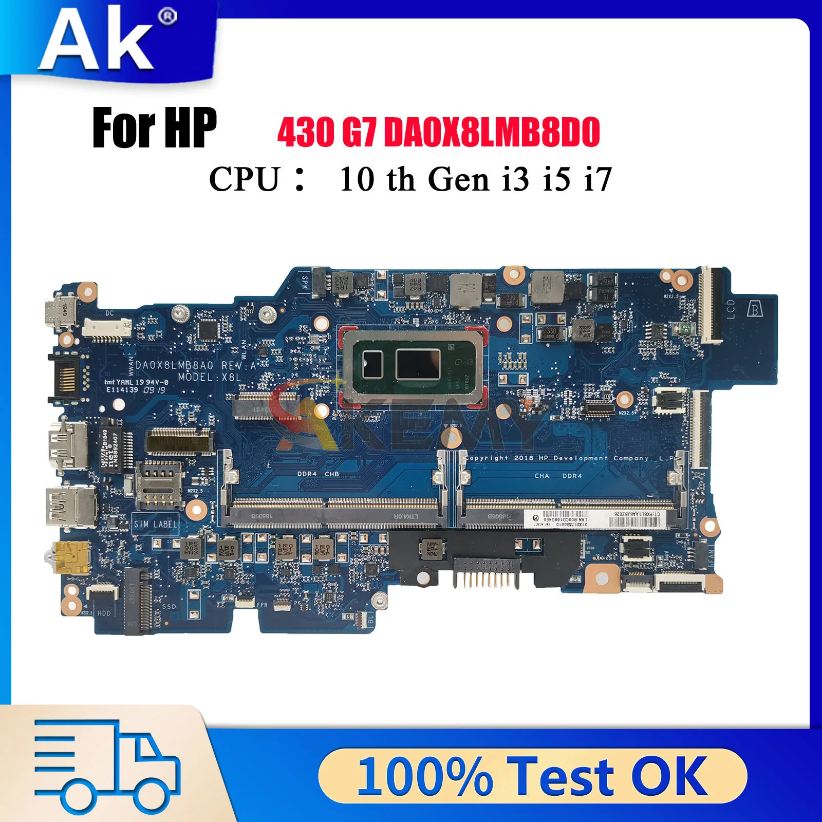 

DA0X8LMB8D0 Laptop Motherboard For HP ProBook 430 G7 With i3 i5 i7 10th Gen CPU DDR4 L77217-601 L77221-601 100% Fully Tested