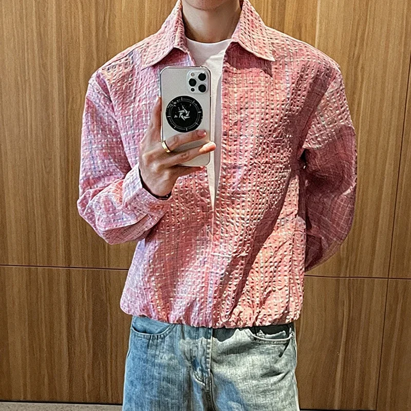 Mens Checkered Plaid Shirt Jacket Lapel Collar Long Sleeve Loose Fit Elastic Hem Casual Street Style Outerwear Shirts