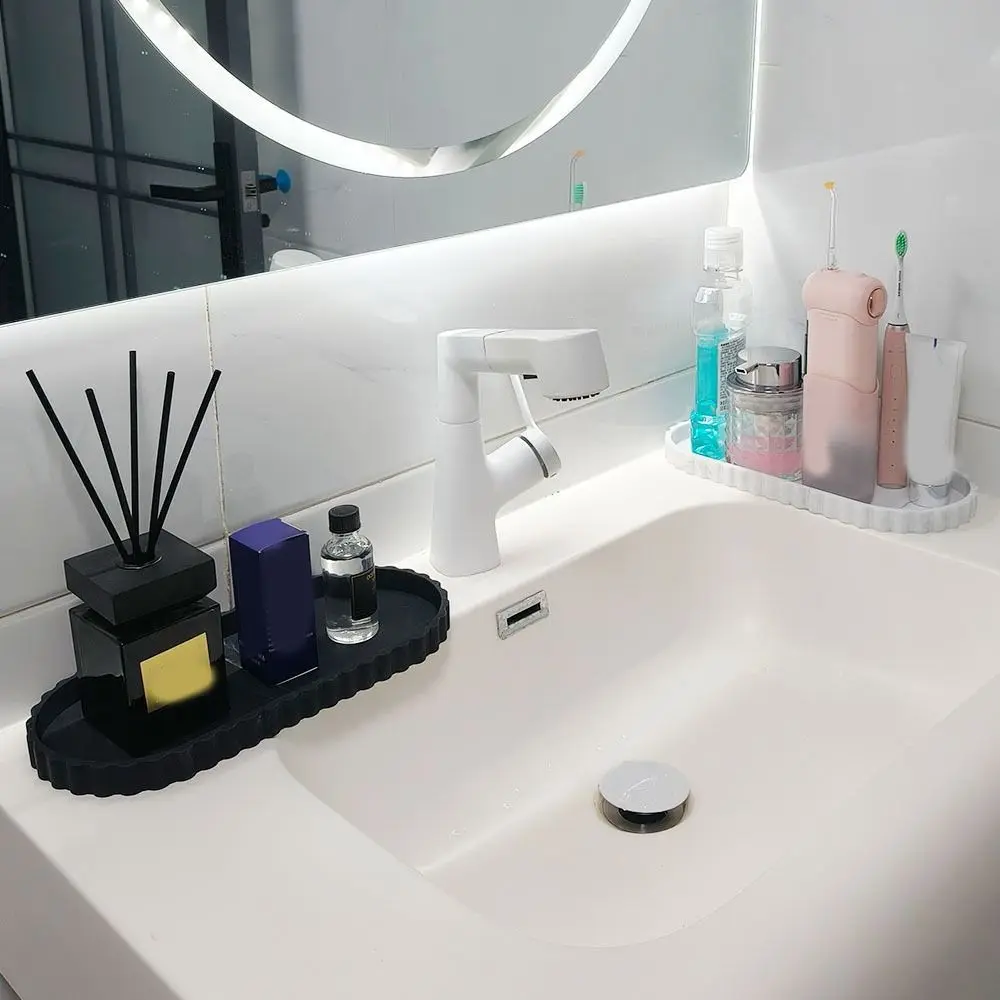 Durable Silicone Oval Storage Tray Wave Edge Marble Pattern Lace Oval Tray Decorative Tabletop Storage Shelf Living Room