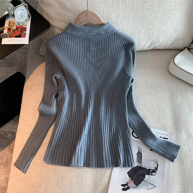 سيولش أنيقة واحدة الصدر بولو طوق المرأة سترة مشغولة من الصوف كم طويل البلوزات غير رسمية سليم الأعلى الإناث 2025 جديد