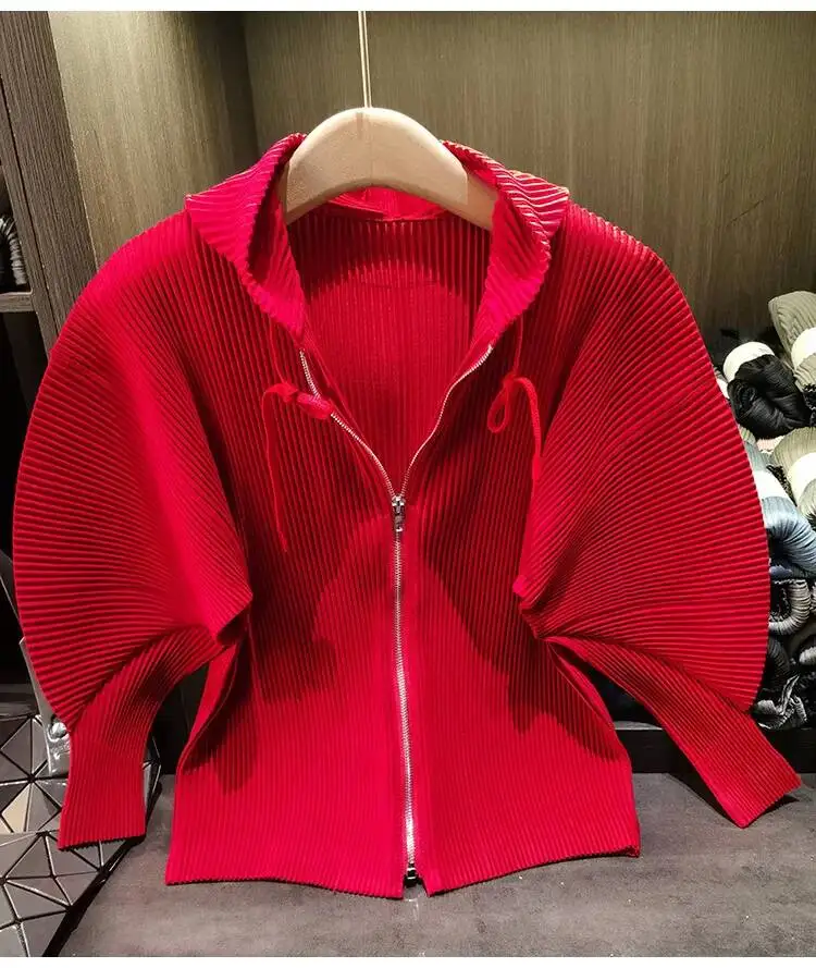 Drawstring Spring New Hooded Pleated Zipper Women's Sweatshirts Loose Elegant Simple High Quality Cardigan Coat 245YG
