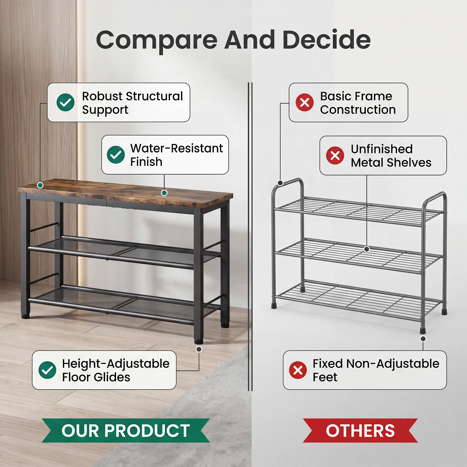 【US】Wood Shoe Bench 3 Tier Shoe Organizer Storage Rack with Metal Frame Industrial Style for Entryway Hallway Living Room Easy Assem