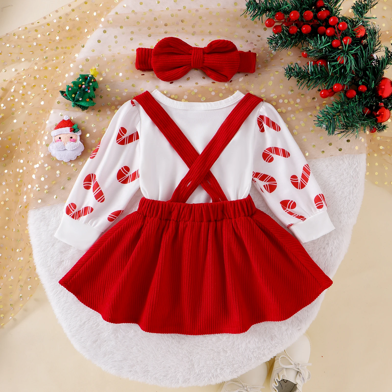 Baby Girls 3PCS Skirt Sets Long Sleeve Romper Santa Claus/Ghost/Turkey Embroidery Suspender Skirt Headband Sets image 2