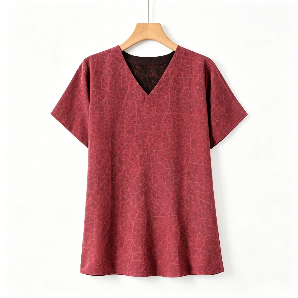 Women's Casual Summer New Red 100% Natural Mulberry Silk Gambiered Guangdong Gauze Turtle Crack V-neck Short Sleeved T-shirt