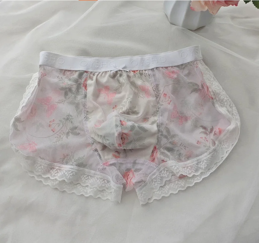 Man's Chiffon Flower Lace Design Soft Briefs BF Gifts Harajuku