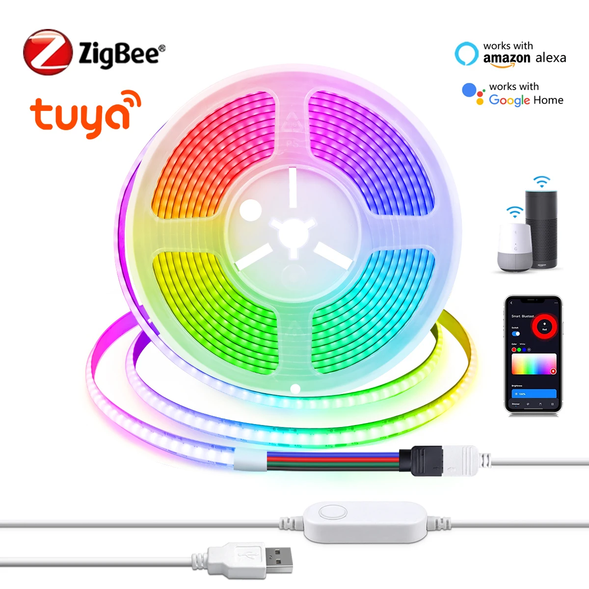 U5V WiFi Zigbee RGB LED Strip Light COB Flexible Ribbon USB Tuya Compatible for Room Decoration Works with Alexa Google Home