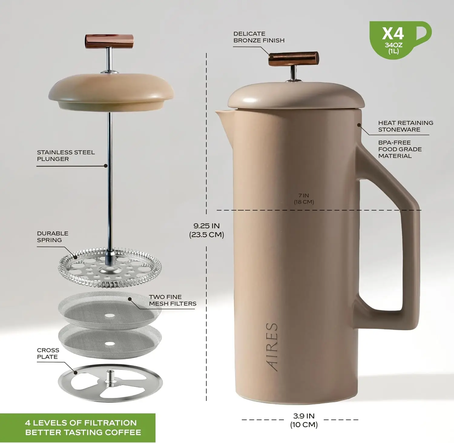 AIRES Ceramic French Press Coffee Maker – 34 oz Heat-Retaining Stoneware – Elegant Neutral Color – Inspired by Buenos Aires Coff