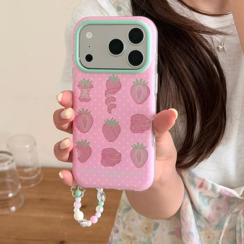 

Korean Pink Polka Dot Strawberry Phone Case For iPhone 17 Pro 16 15 Pro Max Cover with Chain Fashion Shockproof Protective Cases