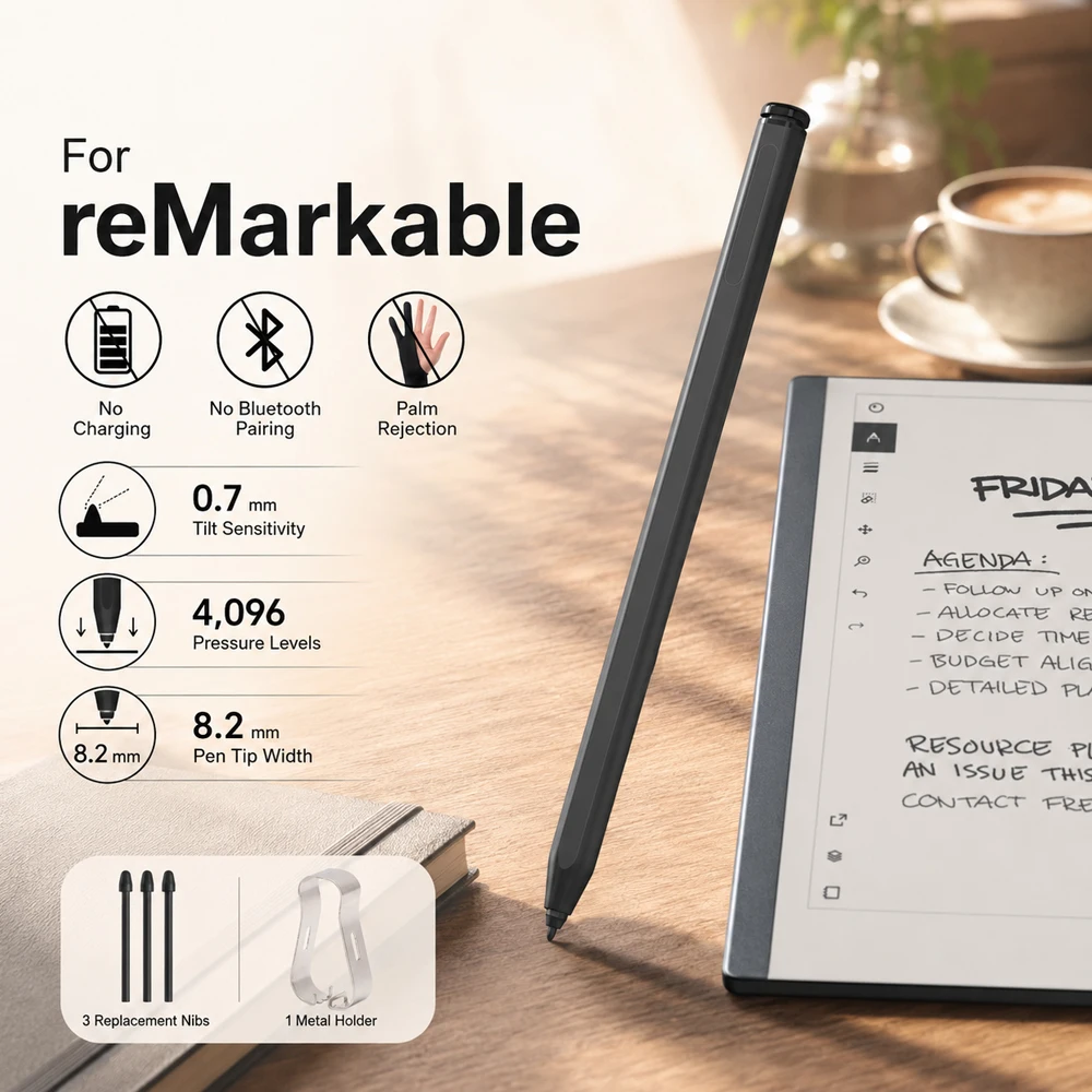 

EMR Stylus Pen for reMarkable 2 Samsung BOOX, 4096 Pressure Sensitivity Eraser Palm Rejection Tilt Sensing for Kindle Scribe