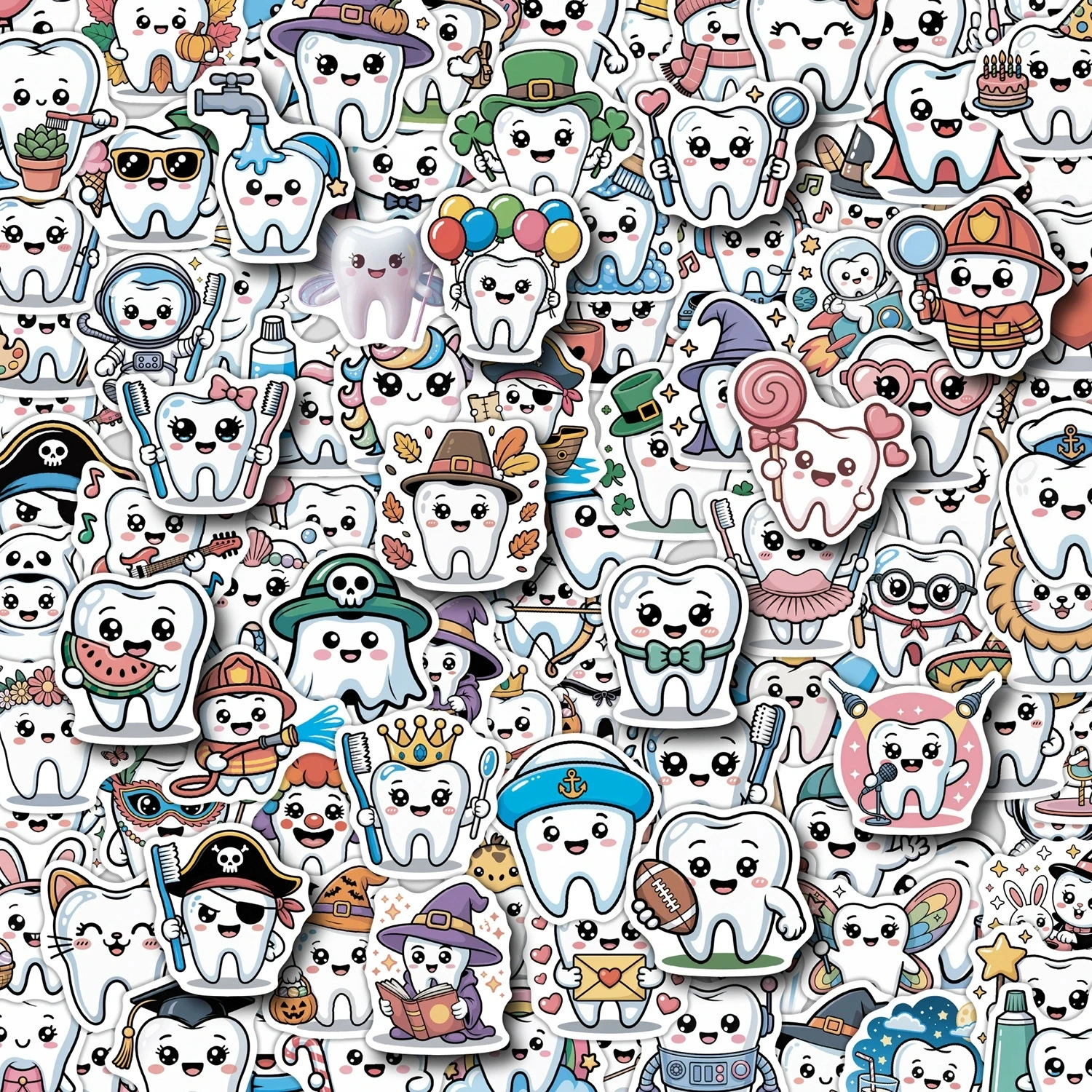 50/100PCS Cute Tooth Graffiti Stickers Water Cup Computer Waterproof Decoration Stickers Cartoon Tooth Stationery Stickers