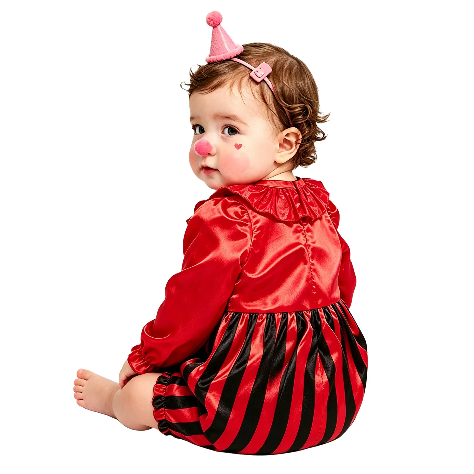 Toddler Baby Halloween Clown Cosplay Costume Ruffled Collar Long Sleeve Pom-pom Striped Romper Carnival Party Joker Jumpsuit