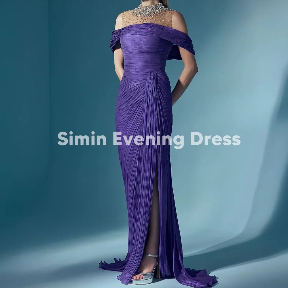 

Simin Scoop-Neck Tulle Beads Floor-Length Evening Dresses With Pleats Split Side Sleeveless Formal Prom Dresses For Women 2025