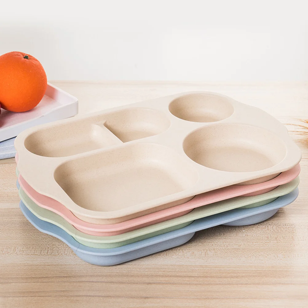 

5pcs Set Children'S Tableware Set Wheat Straw Kids Plates Food Grade Baby Dinnerware Dividers Durable Rounded Design Bright