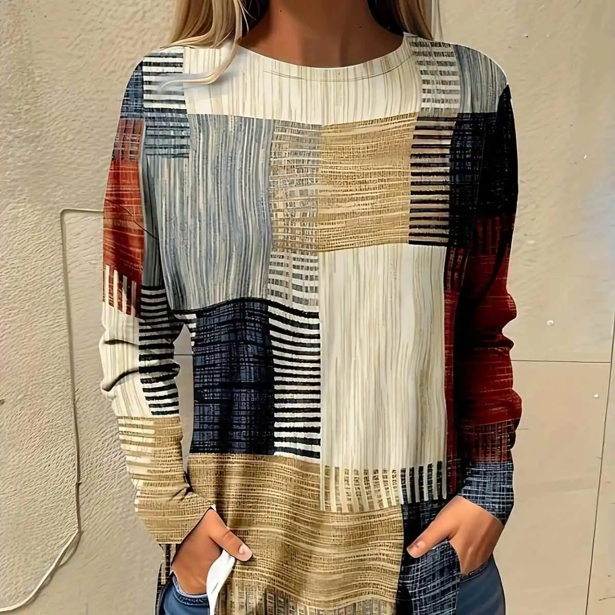 

Women's Speed Color ID Long Sve T-irt Vintage Sle Geometric Print Polyester Fabric Regular Sve Polyester Fiber 00%