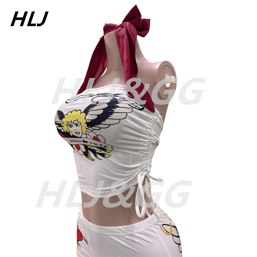 HLJ Fashion Y2K Graffiti Print Tube Two Piece Sets Women Off Shoulder Sleeveless Backless Crop Top And Shorts Outfits Streetwear