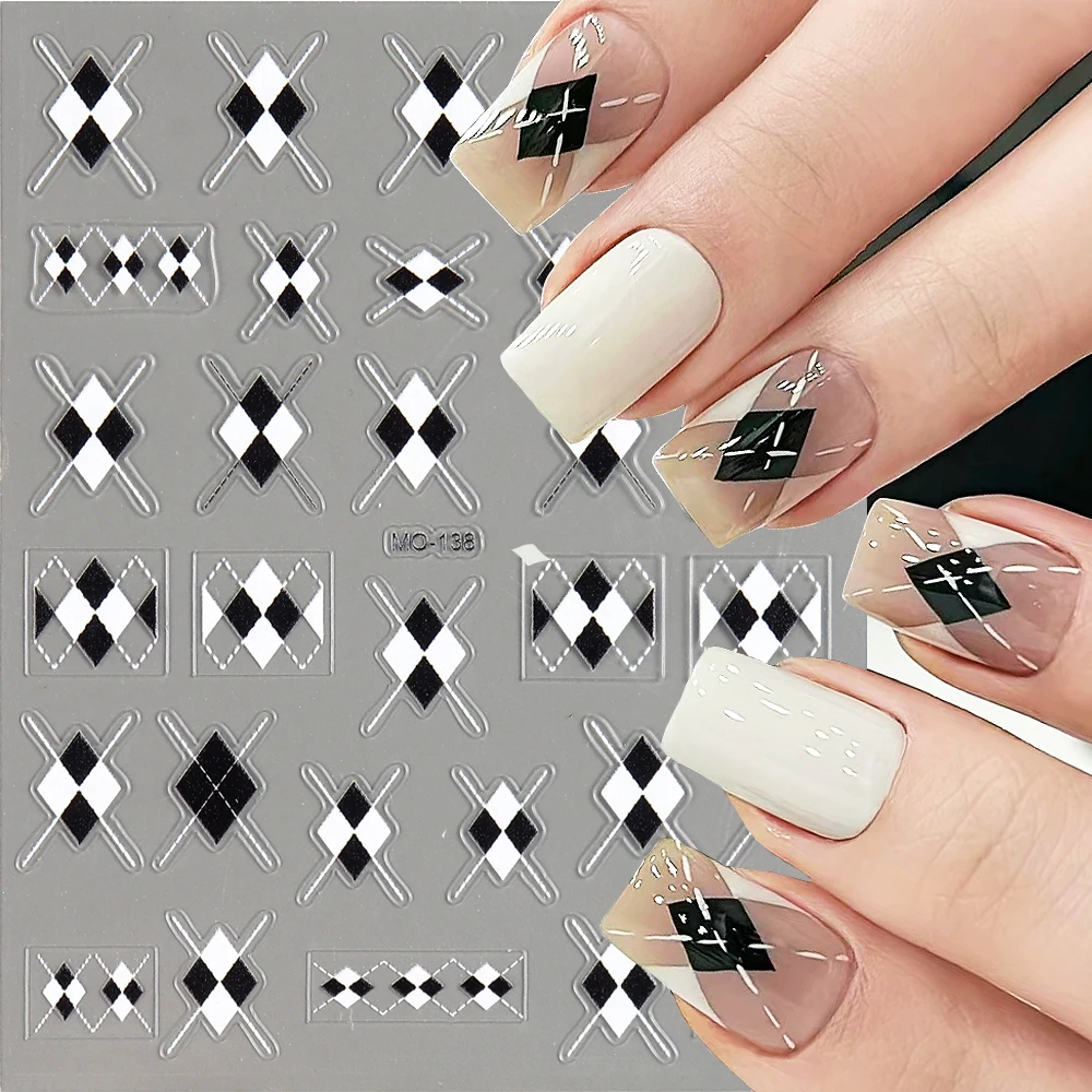 5D Embossed Diamond Check Nail Stickers for Nail Art Black White Vintage Nail Charms Korean Nail Parts New Year Manicure GLMO138