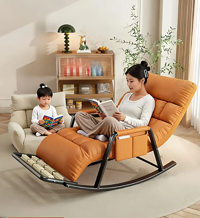 & New Upgraded Leisure Rocking Chair with Leather Craft Seat-Adjustable Backrest & Footrest Foldable Design for Naps Home Balcon