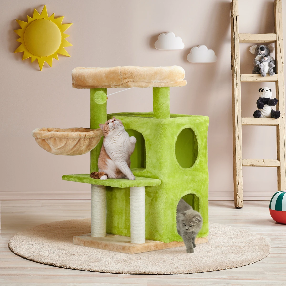 33 Inch Cat Tree Cat Tower for Indoor Cats , Multiple Napping Spots, Sisal Scratching Posts, Stylish Yellow & Green Design