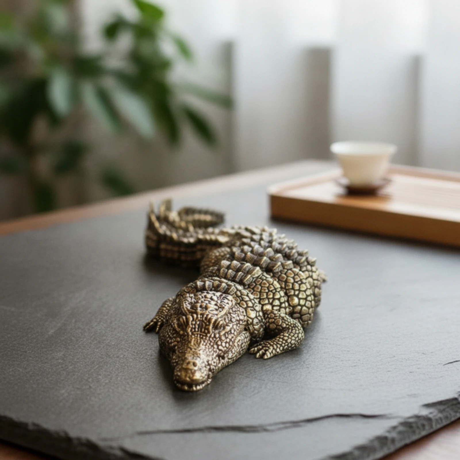 Crocodile Figurine Antique-Style Crocodile Ornament with Articulated Body Desk Ornament with Animal Shape Low-Height - view 2