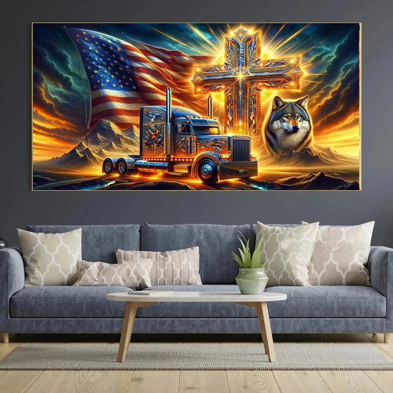 Aurora Truck Wolf Flag Golden Cross Diamond Painting Cross Stitch Kits Mosaic Diamond Embroidery Picture For Living Room Decor