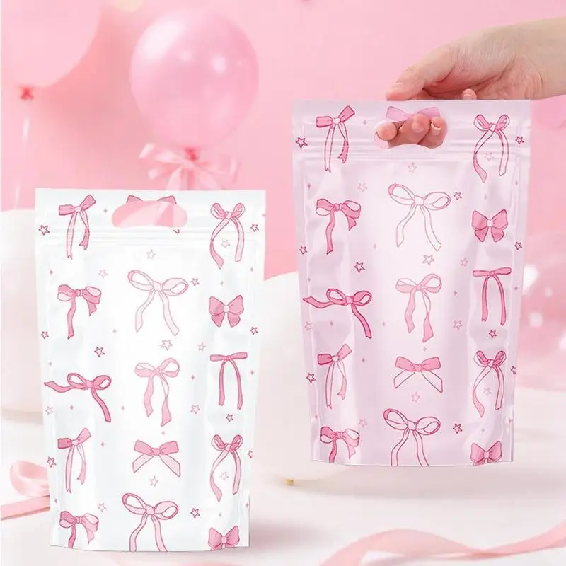 Pink Bow Pattern Zipper Gift Bags 10/25Pcs Stand Up Self Sealing Pouches with Handle for Party Wedding Favor Packaging