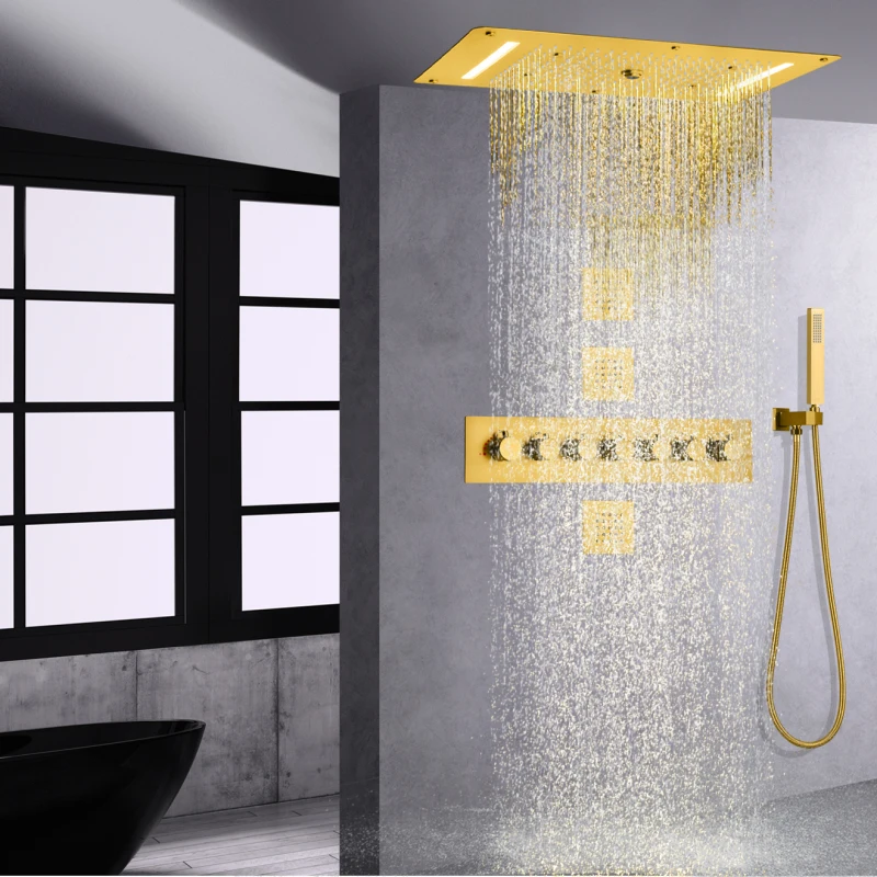 

Brushed Gold Luxurious Thermostatic Shower System LED Concealed Rainfall Waterfall Shower Mixer Massage