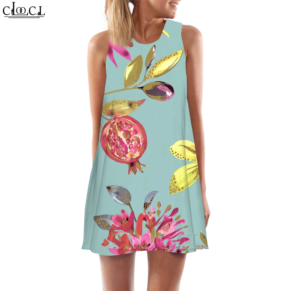 

CLOOCL Hawaii Fashion Women Tank Dress Ripe Pomegranate Printed Vest Dress Sleeveless Short Dress Loose Casual Female Clothing