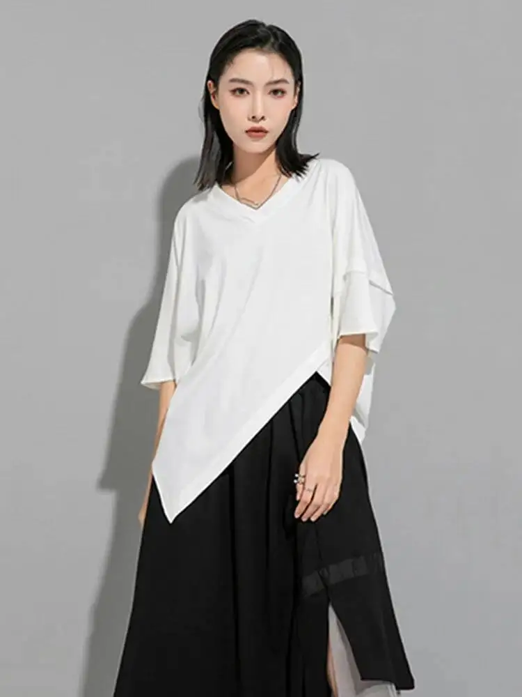 

Женская черная футболка большого размера с асимметричным кроем, новая, с V-образным вырезом и рукавом «летучая мышь», модная, весна-лето