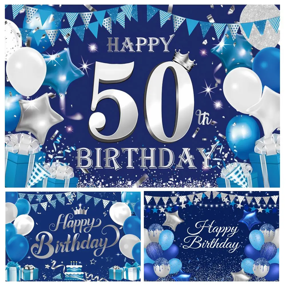 Blue Happy Birthday Backdrop Balloons Cake Man Woman Birthday Party Decor Customizable Banner Photography Background Photostudio