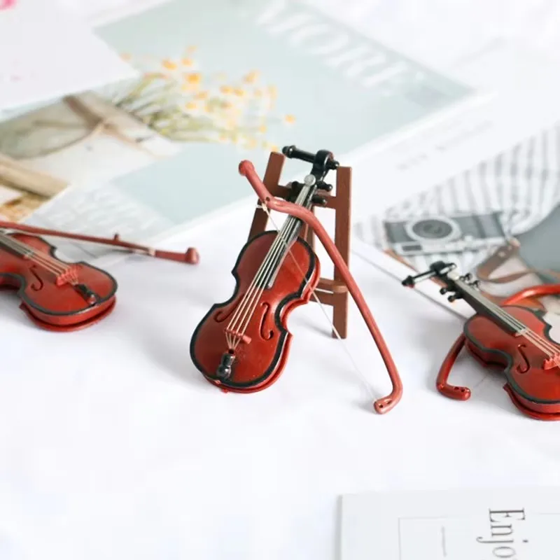 pandar Mini Violins Ornament Miniature Violins Model with Stand Case Dollhouse