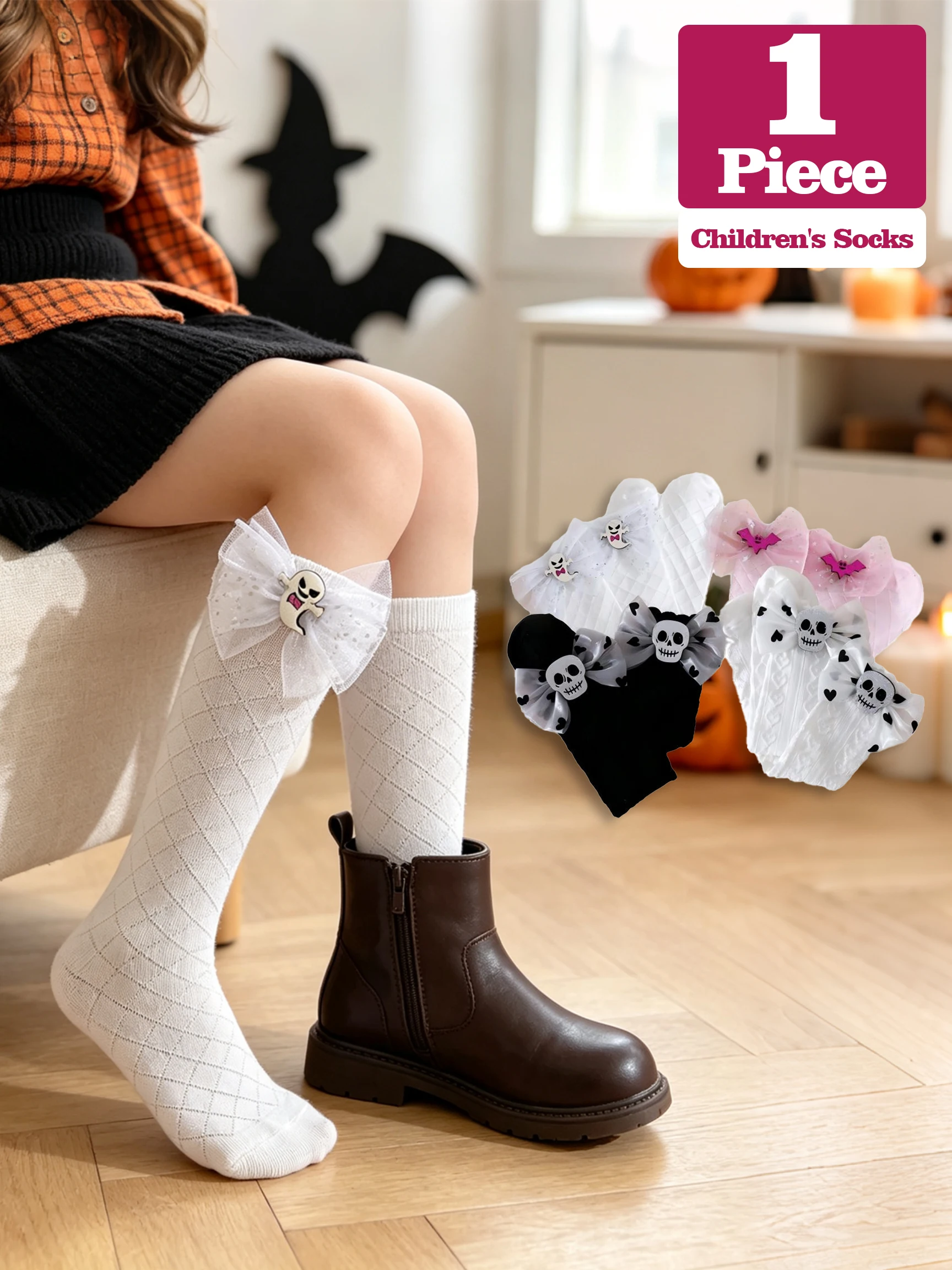 1Pair Kids Knee‑High Socks Cute Ghost Ornament Bow Decor No‑Heel Straight Tube Socks Girls Calf Socks For Holiday Party Dress‑up